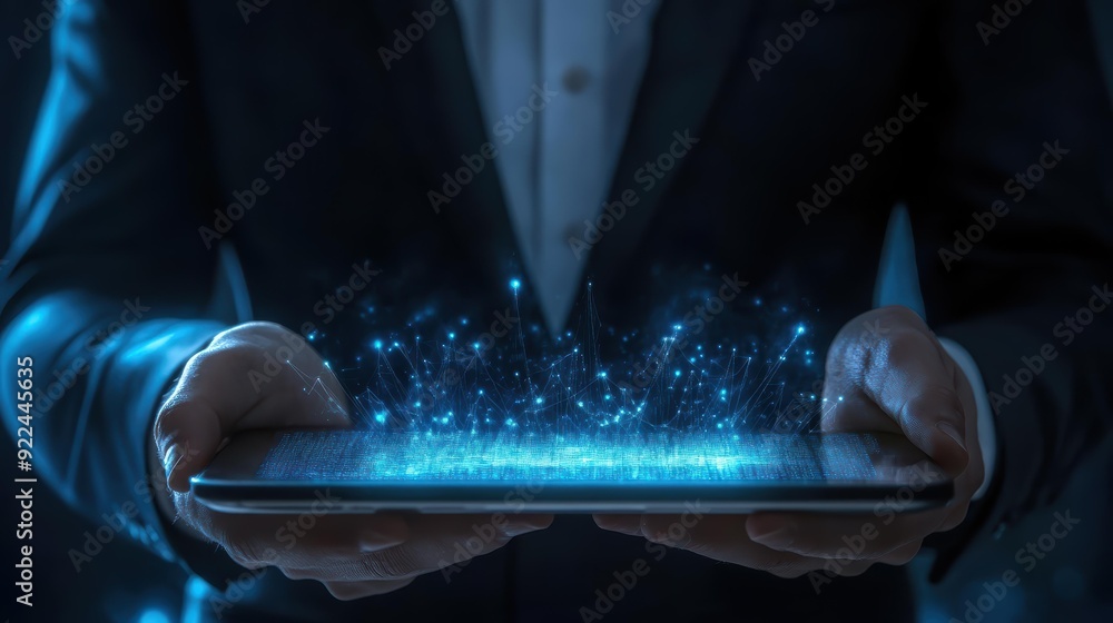 Poster a person in a suit holds a tablet with a holographic display of interconnected data points, symboliz