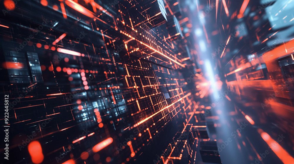 Poster futuristic digital data network in a 3d space with bright lights