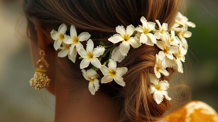 Naklejka premium Jasmine Flowers in a Woman's Hair: A woman wearing jasmine flowers in her hair, showcasing the traditional use of these fragrant blooms in Indian adornment.
