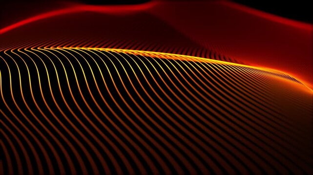 Seamless loop background with red orange lines pattern floating in the dark with bright glow effect. Smooth abstract strings structure with wave curves. Golden stripes screensaver. Looped , 4K 60fps