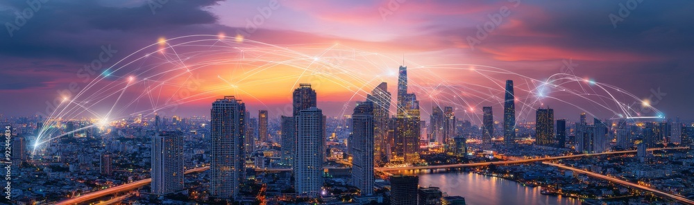 Poster a cityscape at dusk, with interconnected nodes symbolizing the network of innovation and digital con