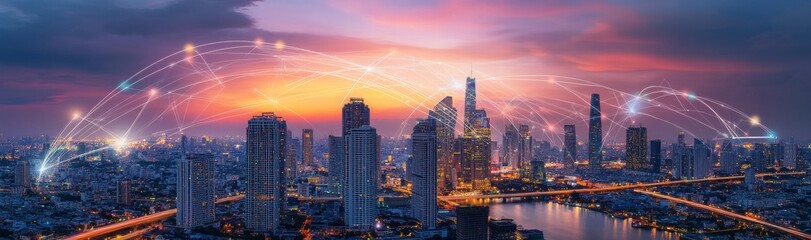 Naklejka premium A cityscape at dusk, with interconnected nodes symbolizing the network of innovation and digital connections in AI technology