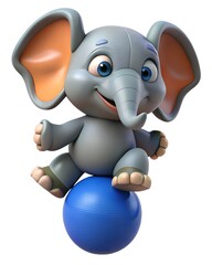 Naklejka premium Plastic Style Elephant Mascot Balancing on a Yoga Ball for Business Branding: Engaging and Colourful Character for Graphic Design and Unique Branding, Letterheads,Posters,Business Cards