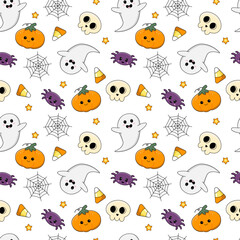 Fototapeta premium Halloween pattern. Seamless pattern of ghosts, candies, spiders, pumpkins, spider webs.