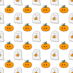 Halloween pattern. Seamless pattern of cute kawaii ghosts and pumpkins