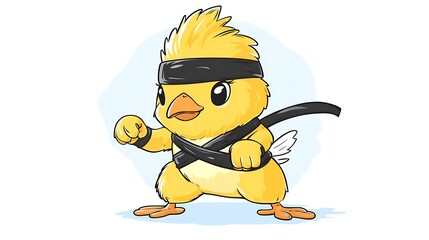 Fototapeta premium Karate Chick: Cute Cartoon Yellow Chicken Practicing Martial Arts in Clip Art Style