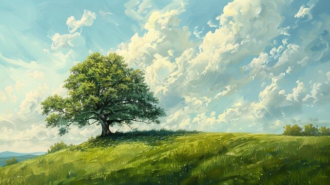 A single elder tree stands on a bright green hilltop, beneath a serene sky with soft, fluffy clouds, symbolizing solitude and tranquility in harmonious acrylic shades.