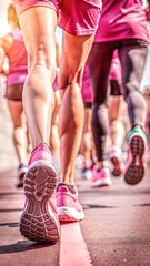 Group of Runners in Pink Sneakers Participating in Breast Cancer Awareness Walk