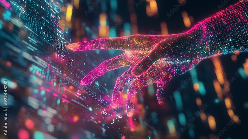 Poster digital hand interacting with data flow