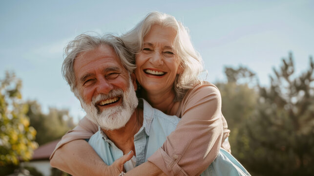 Senior couple sharing a joyful moment with a hearty laugh in a sunny, natural setting