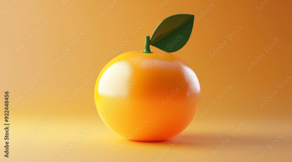Poster imagine a 3d orange with a glossy surface and a delicate green leaf, set against a soft gradient bac