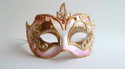 Pink and gold masquerade mask with intricate details on a white background.