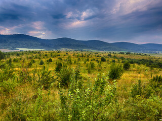 Wonderful landscape view on the Carpathian Mountains during the sunset in the summer season 