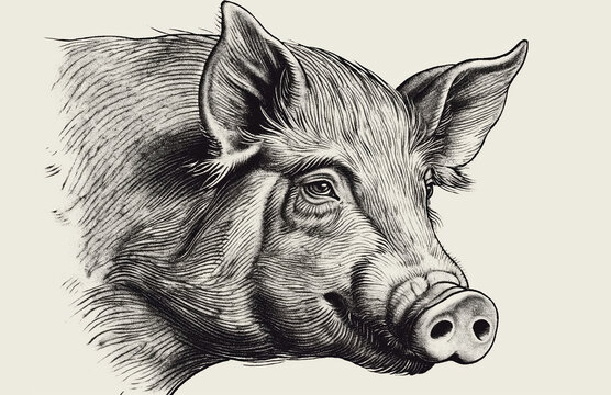 recommend clip art: Pig, hog, boar. Vintage retro print, black white pig sketch ink pencil style drawing, linear drawing, engrave old school. Sketch artwork silhouette pig, hog, boar. Side view profile. Illustration