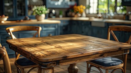 Dining table with chairs arranged in modern kitchen at home  