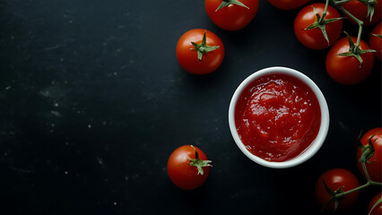 Aerial top view of Tomato paste in the white small bowl on the black studio background