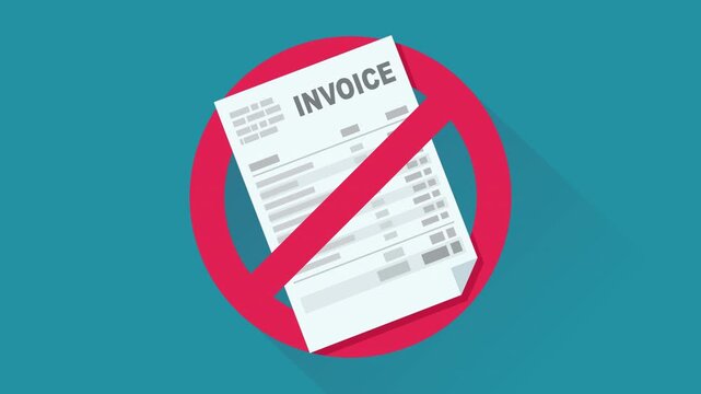 Appearance of crossed out red circular prohibition symbol on an invoice on blue background with long shadow in flat design style