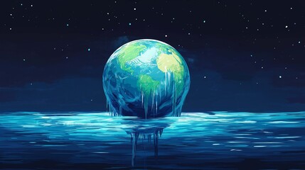 Create an illustration of a melting Earth with vibrant colors, depicting the effects of global warming.