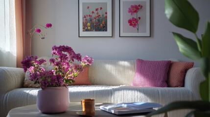 Living Room with Pink Flowers and Pillows