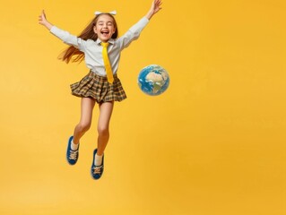 Young girl joyfully jumps with a globe in front of a bright yellow background