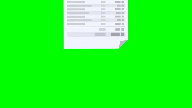 Animation loop of an invoice appearing from the bottom to place in the center and disappearing at the top on green screen with alpha channel (flat design)