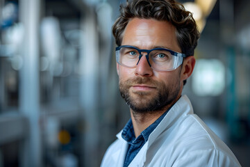 Obraz premium High-resolution portrait of a professional male scientist .The background showcases advanced scientific equipment , emphasizing precision, expertise, and a commitment to scientific excellence.