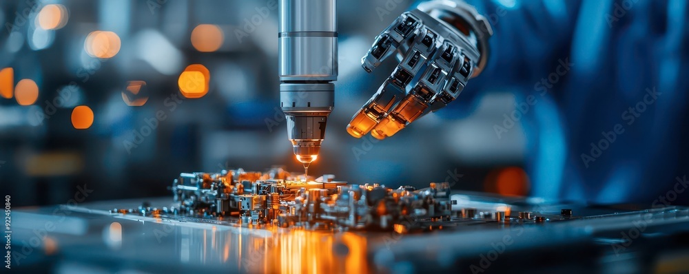 Poster an ai-powered robotic arm assembling a complex piece of machinery with precision, symbolizing the fu