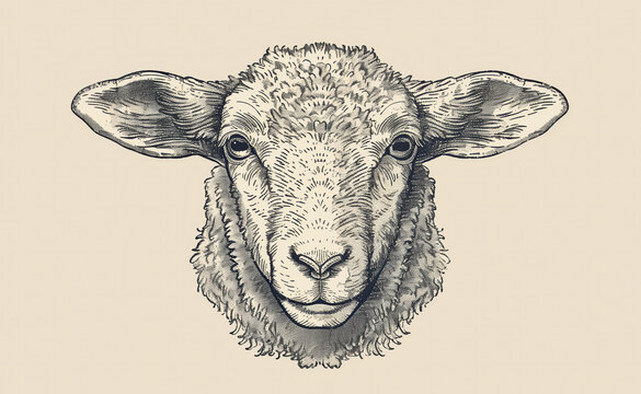 Sheep, lamb. Vintage retro print, black white sheep lamb sketch ink pencil style drawing, engrave old school. Sketch artwork silhouette farm sheep lamb. Side view profile. Illustration