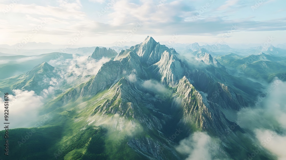 Poster mystical aerial view of ancient scroll unrolling by majestic gemstone mountain range | 3d rendered p