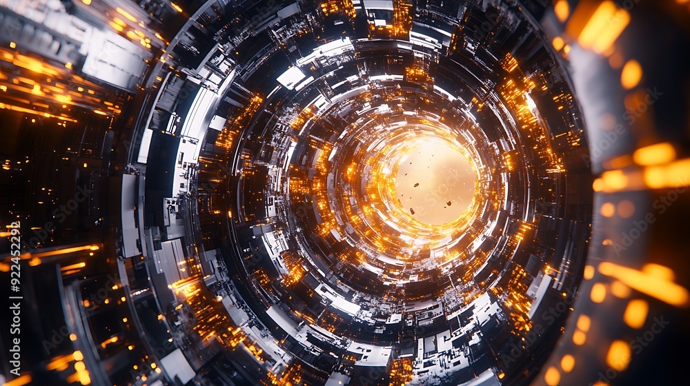 Poster futuristic cosmic space station in open folder - aerial view of radiant metal structure surrounded b