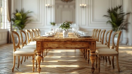 dining wooden table and chairs in modern home with elegant table setting  