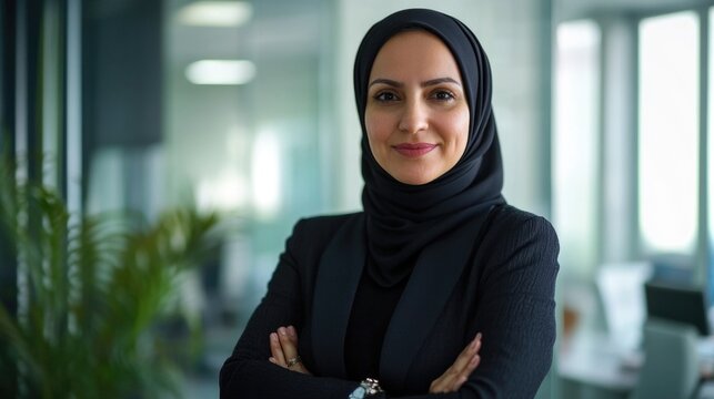 Confident smiling arabic middle aged business woman attorney, 45 years old lady entrepreneur, mature female professional executive manager leader standing arms crossed in office looking at camera. 