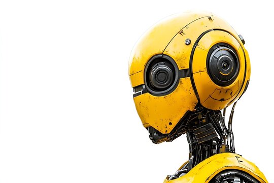 Quirky Yellow Cyborg Character Standing Against White Background for Playful Technology Concepts