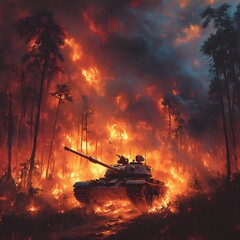 Forest Fire: A tank navigating through a forest on fire, with flames engulfing trees and thick smoke billowing up.