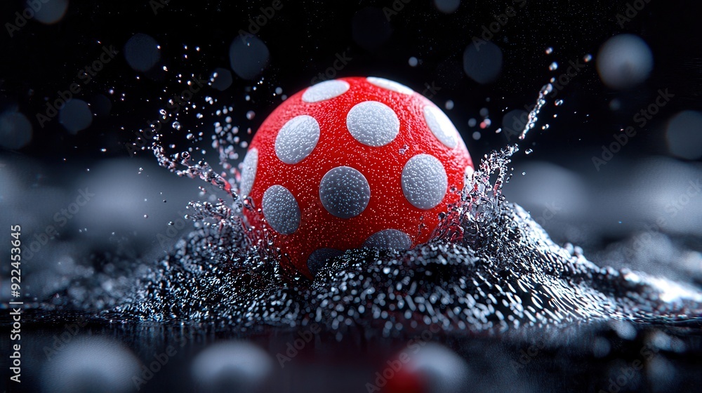 Poster a vibrant red ball with white polka dots splashes dramatically in water, creating dynamic droplets a