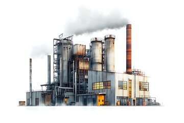 Fiery Steam Explosion at Realistic Manufacturing Plant Building, Isolated on White Background