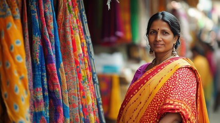 Fototapeta premium Woman in a Bandhani Saree at a Market: A woman in a vibrant bandhani saree, shopping at a local market, highlighting the regional variations in Indian textiles and patterns.
