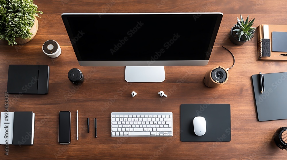 Aufkleber top view of a modern minimalist workspace with a computer monitor and accessories