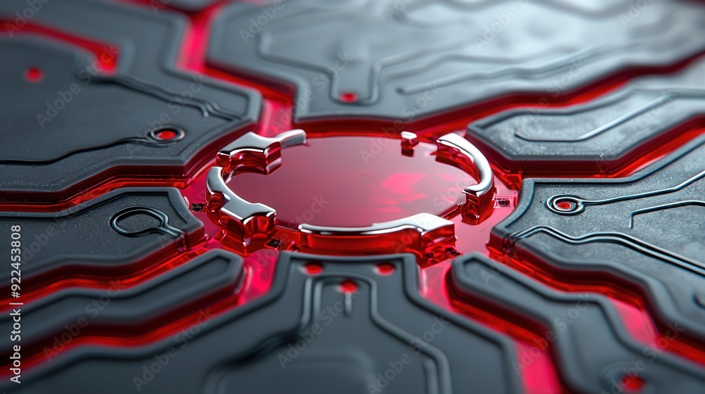 Poster close-up of a futuristic black and red circuit design, featuring glossy surfaces and intricate patte