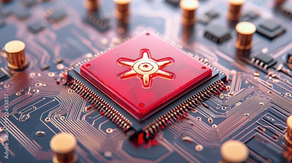 Poster close-up of a modern microprocessor on a circuit board, showcasing intricate details and vibrant col