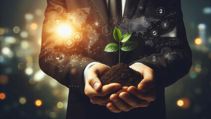 plant grow in business man hand palm business growing graphs - save earth sustainability