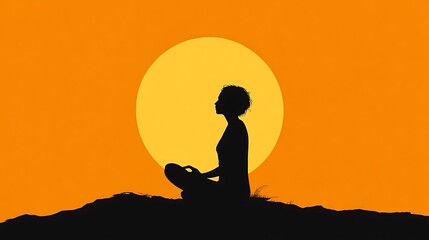Tranquil Silhouette in Seated Forward Bend with Radiant Halo on Vibrant Orange Background.