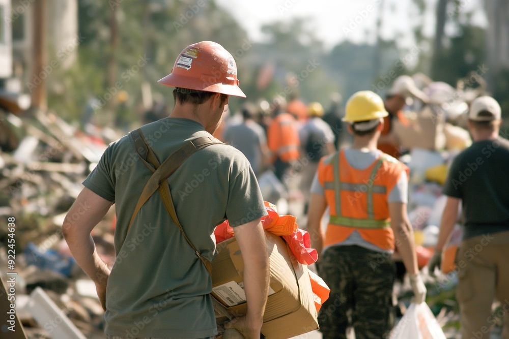 Wall mural a man in a hard hat carrying a box walks through debris with other people in the background.