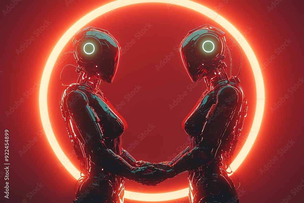 Poster two futuristic robots embrace under a glowing neon halo, symbolizing connection and advanced technol