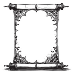 Monochrome Halloween scroll with bat-like extensions and spiderweb details
