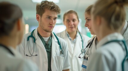 group of doctors discussing a patient's case during a round