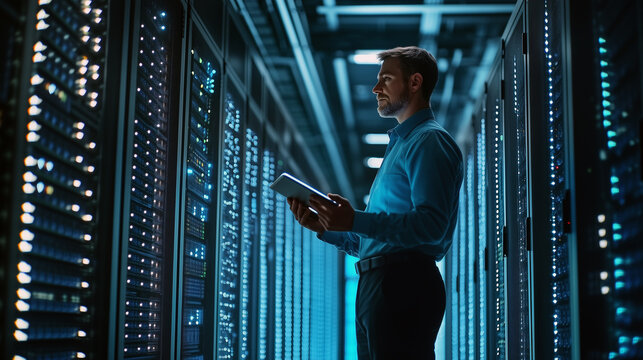 Network administrator working in massive data centers filled with rows of servers as blinking light indicate constant processing. Cloud computing solutions support Artificial Intelligence processing.