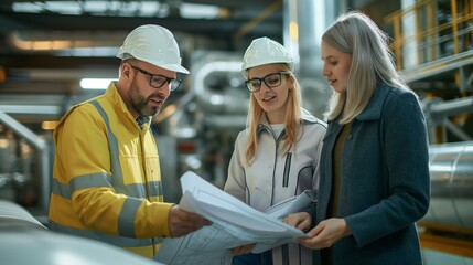 group of engineers discussing blueprints and planning the design