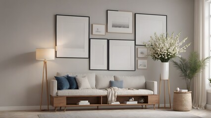 A modern living room with a sofa set and featuring vertical poster frames in wooden frame borders on the wall mock-up 3d illustration template.