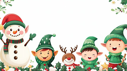 Christmas card. Christmas frame with copy space with merry New Year characters - snowman, elves and Christmas deer on white background. New Year greeting background with cute cartoon characters